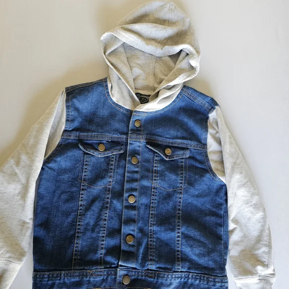 Kids Denim Hooded Jacket - Blue and Light Gray - Picture 1 of 16